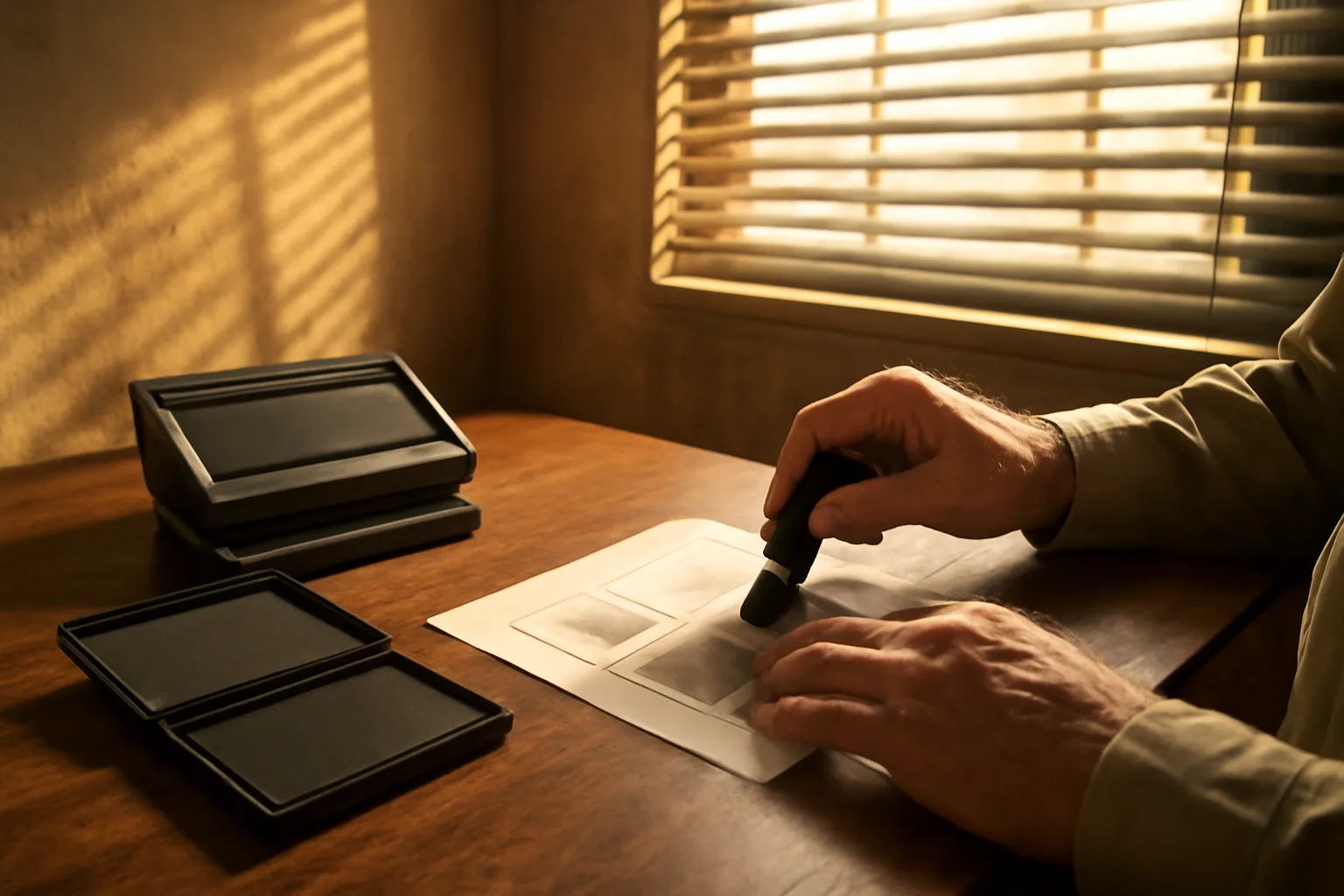 Live-scan technician workspace in Arkansas with fingerprint scanner and ink pad