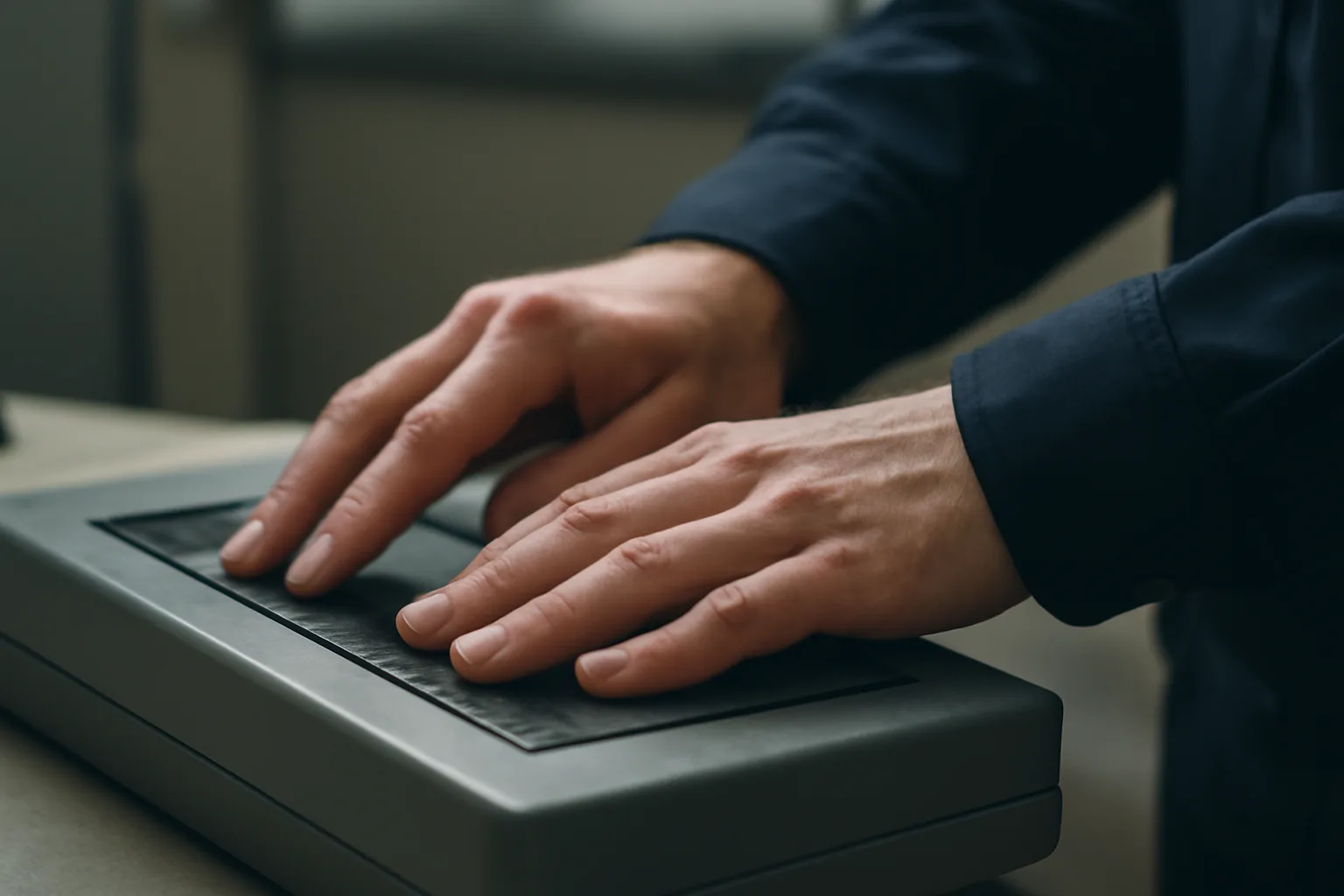 Hands on a live scan fingerprint reader in a Connecticut police records office