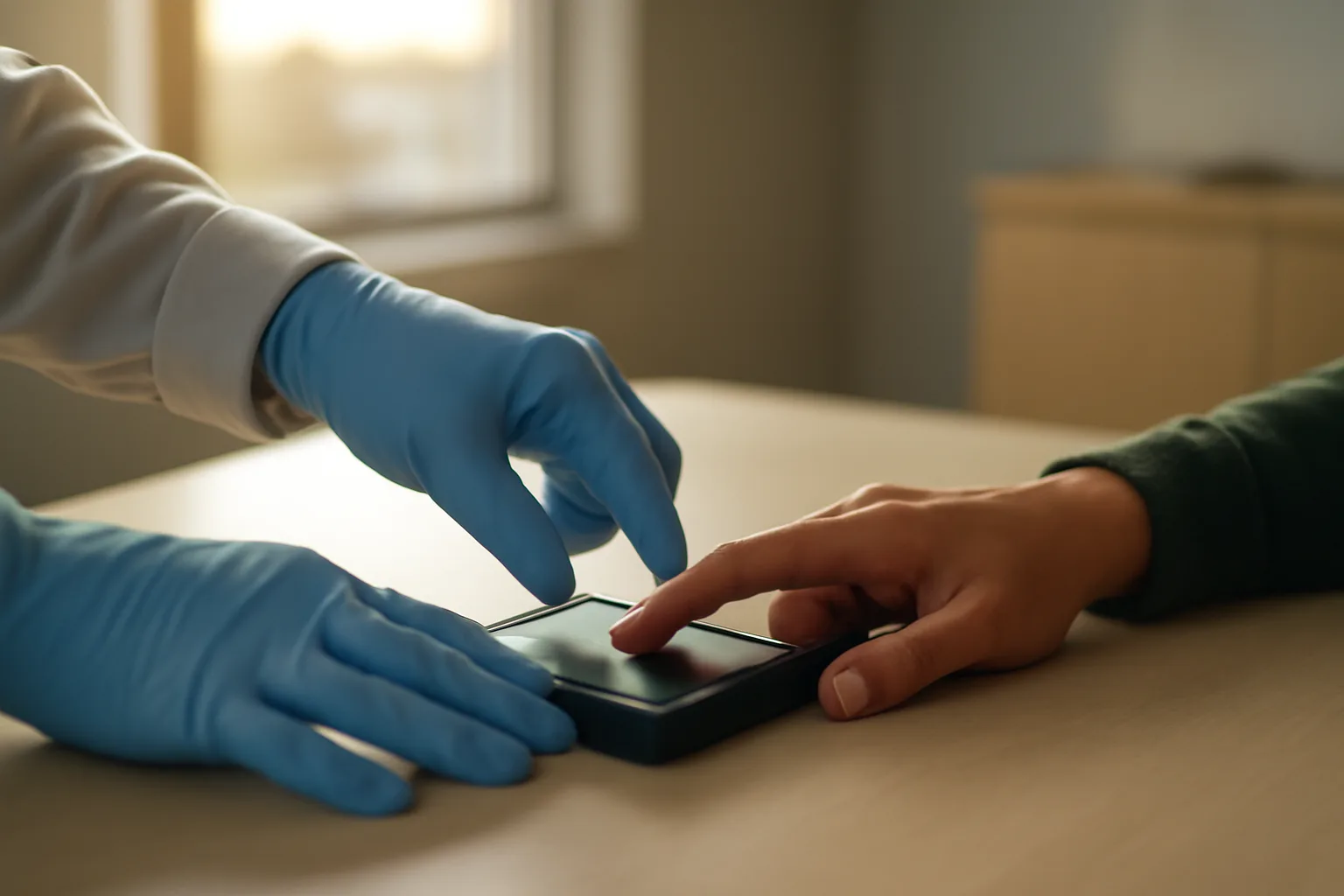 Technician guiding a finger onto a live-scan fingerprint scanner in a Utah office