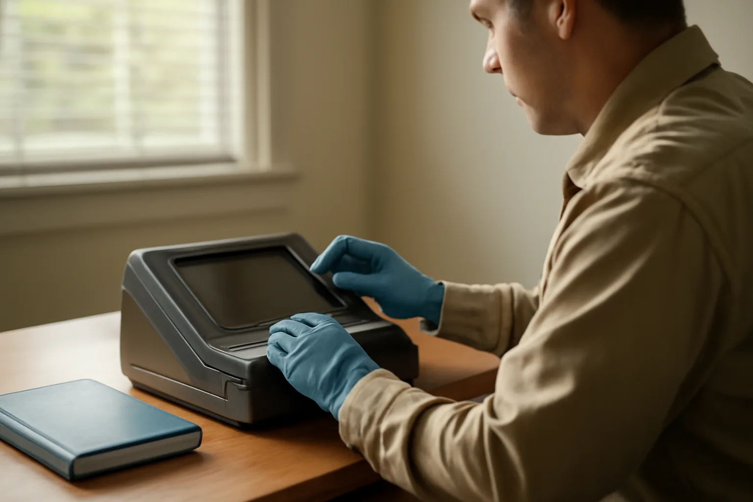 Live-scan fingerprint technician in Arkansas setting up equipment before a client appointment