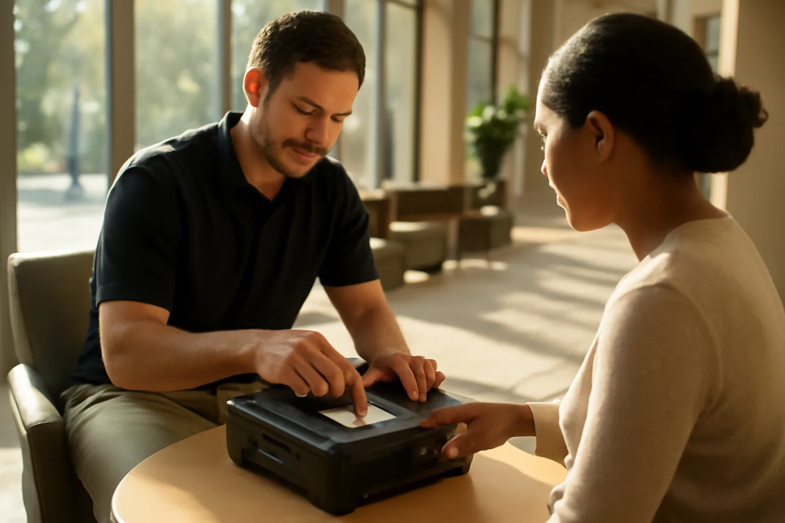 Live-scan technician scanning a hand on a portable FBI-certified device in Alabama office setting