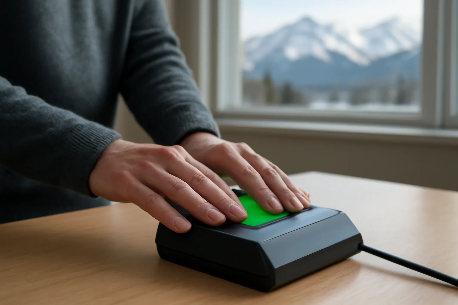 Hands on a live-scan fingerprint scanner in Alaska office