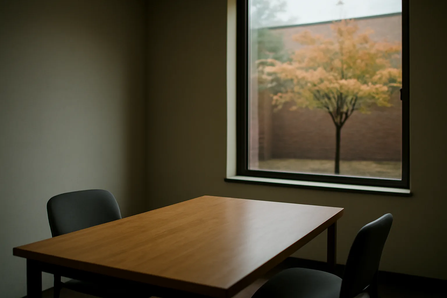 Empty Indianapolis office table used to plan live-scan technician work