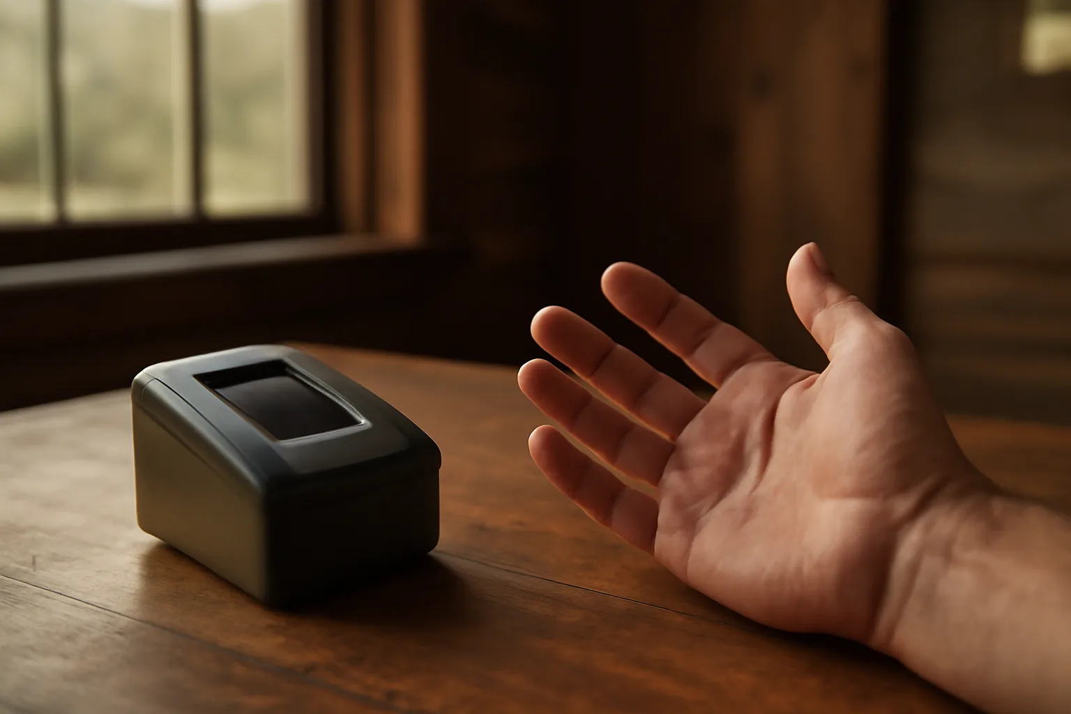 Live-scan fingerprint scanner on a wooden desk with an open hand nearby