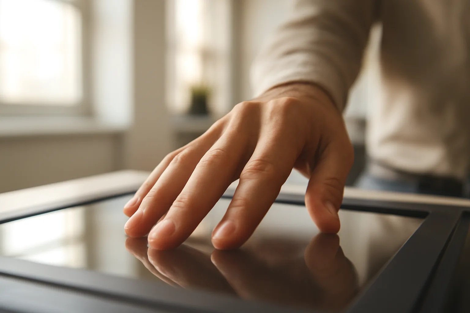 Person pressing fingers onto a live-scan fingerprint scanner in a Virginia office