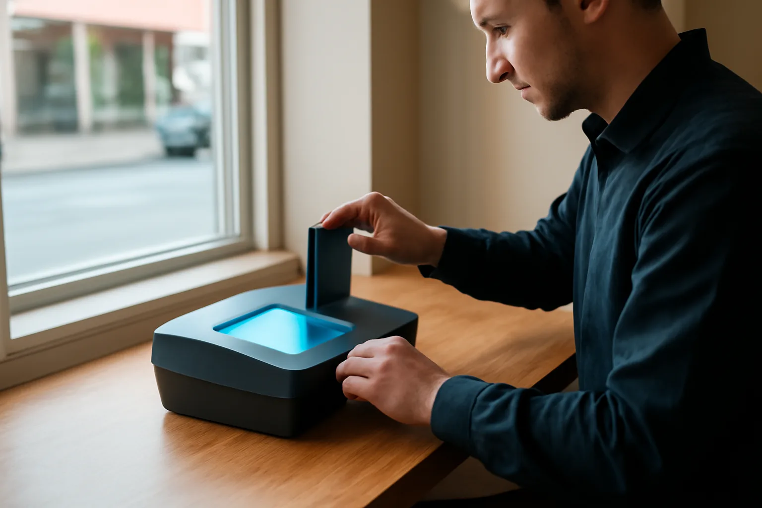 Fingerprint technician working at a live scan machine in an Alaska office