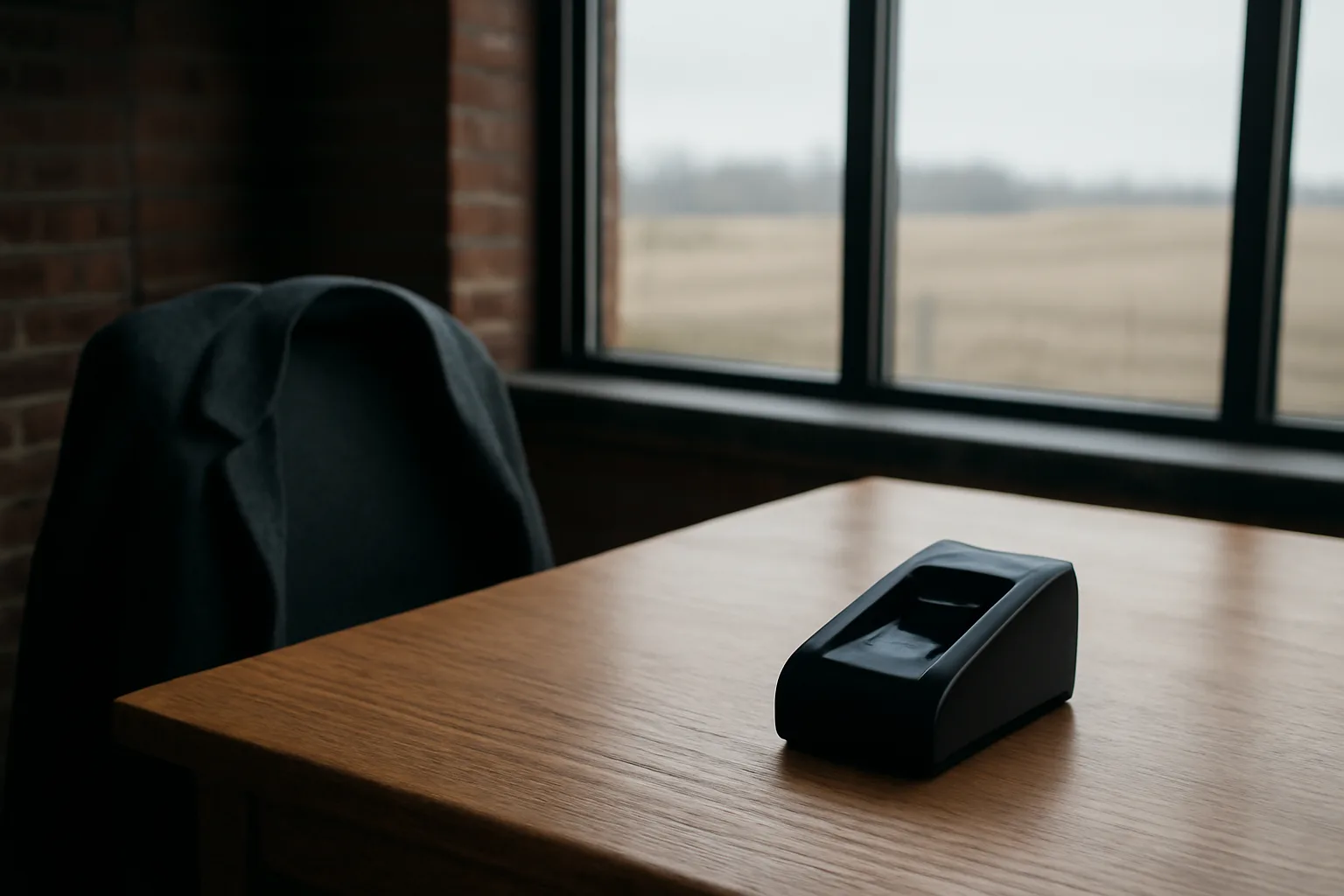 Fingerprint scanner on an oak table in a small Iowa office