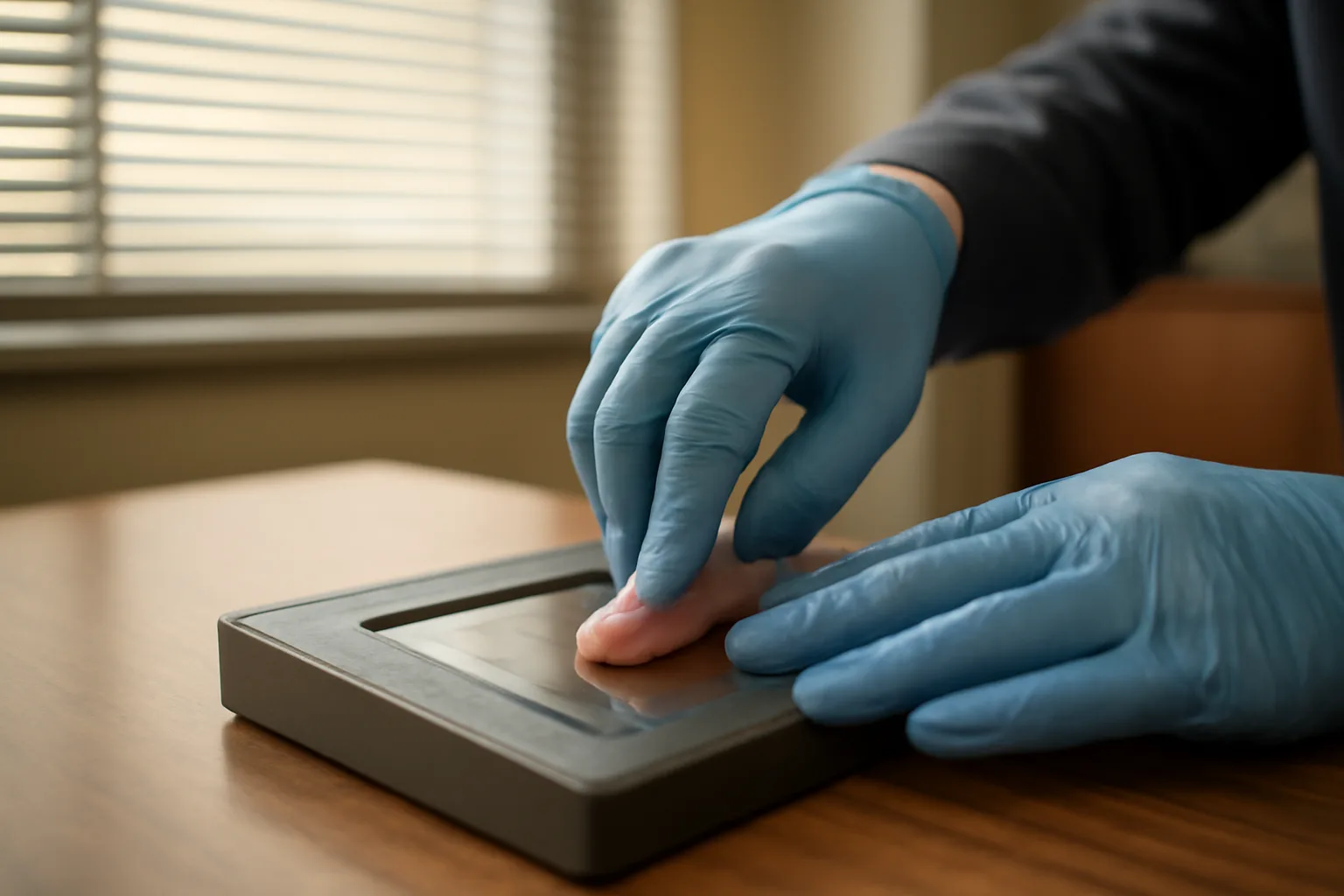 Technician capturing a fingerprint on a live-scan device in a Utah office