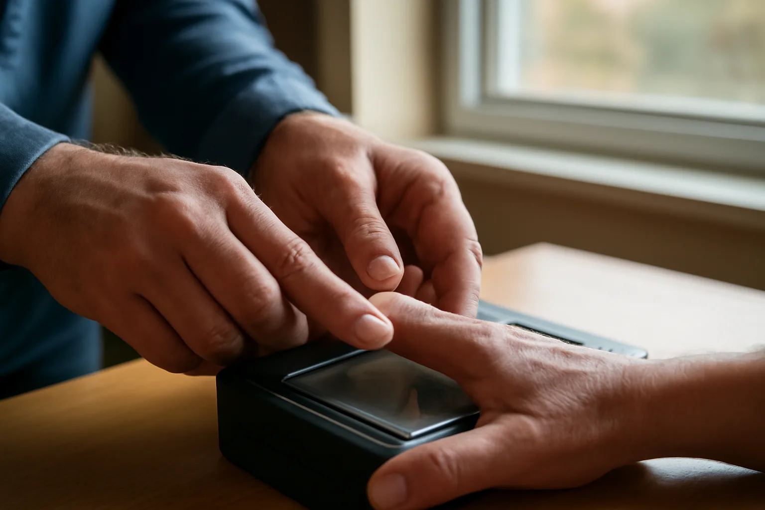 Technician rolling a fingertip on a livescan scanner plate in a Vermont office