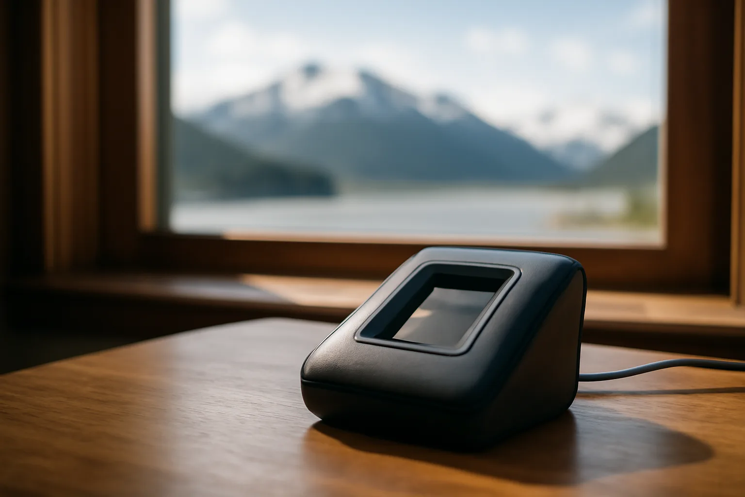 Live-scan fingerprint scanner on a desk in Alaska with mountain view outside window.