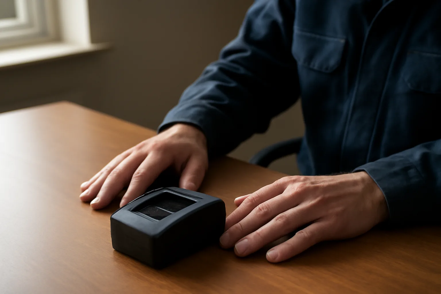 Hands beside a fingerprint scanner in a quiet Illinois office