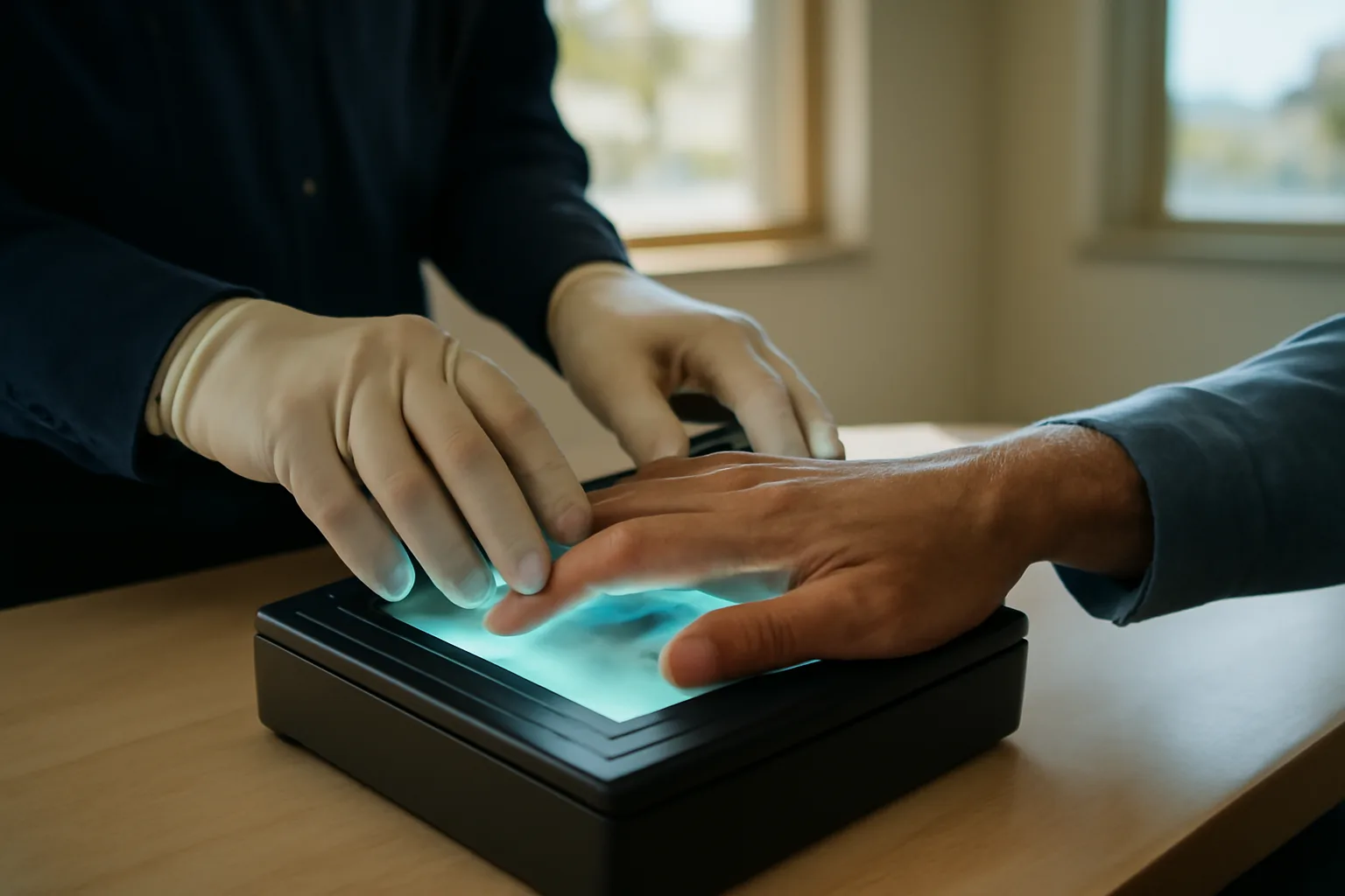 Technician placing a hand on a live-scan fingerprint scanner in a Utah office