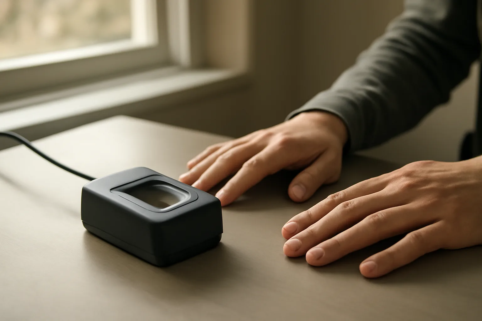Live-scan fingerprint scanner on a desk in a small Vermont office