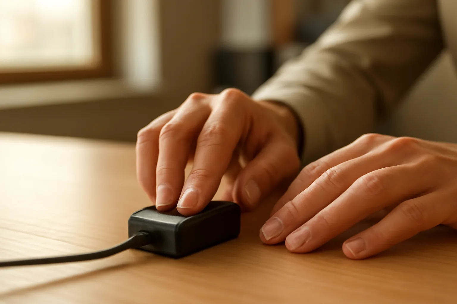Hands using a live-scan fingerprint device on a desk in a Virginia office