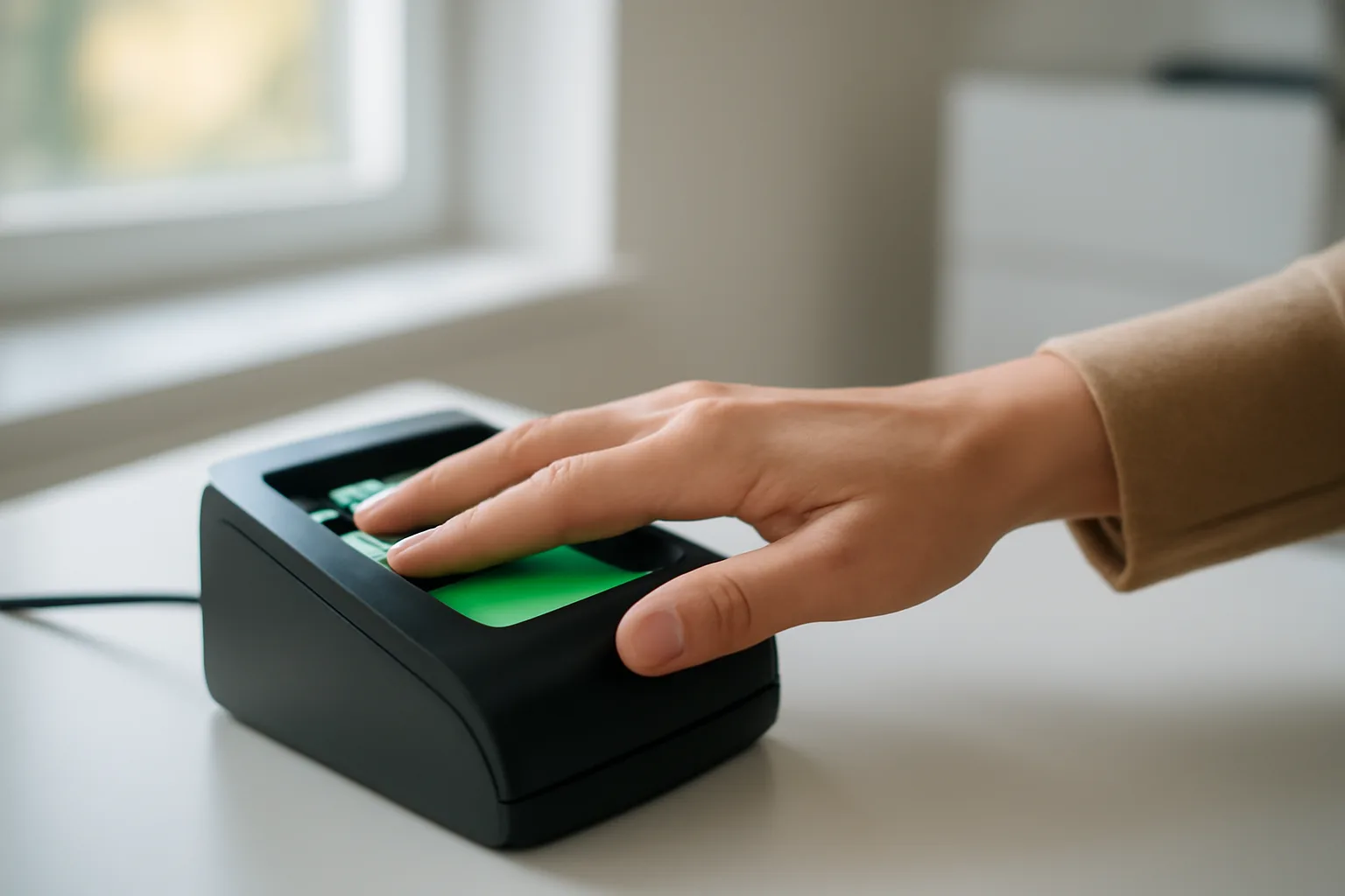 A live-scan technician taking a fingerprint in Alabama