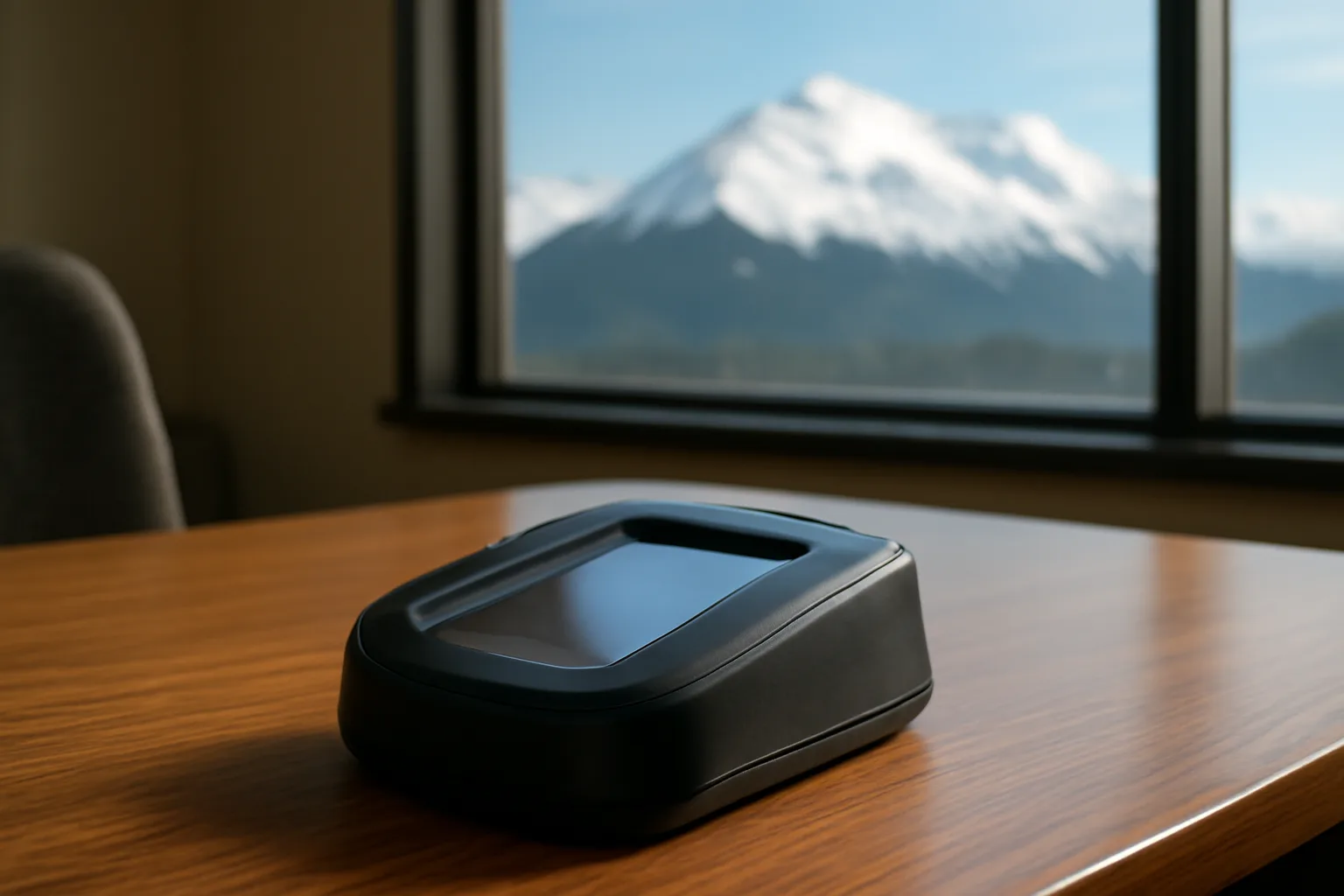 Live-scan fingerprint device in an Alaska office with mountain view
