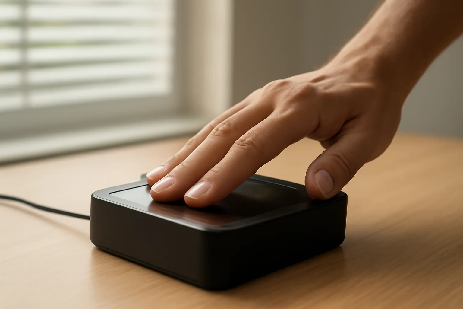 Live scan fingerprint scanner on a desk in Arizona, hand on the glass