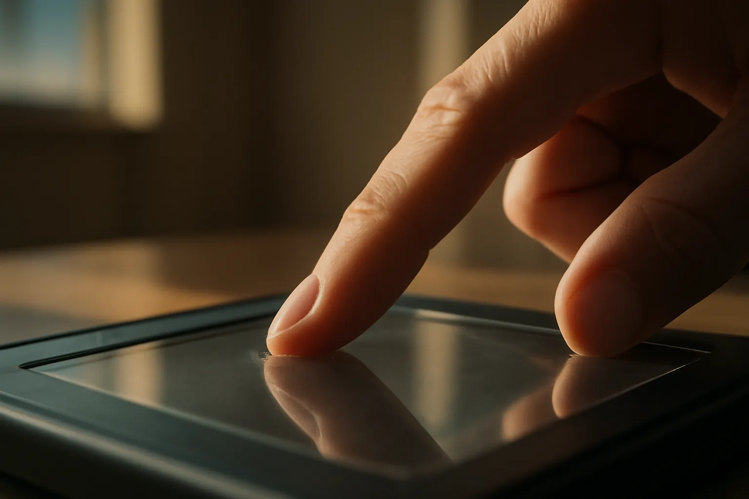 Finger on live-scan scanner platen in Colorado workspace