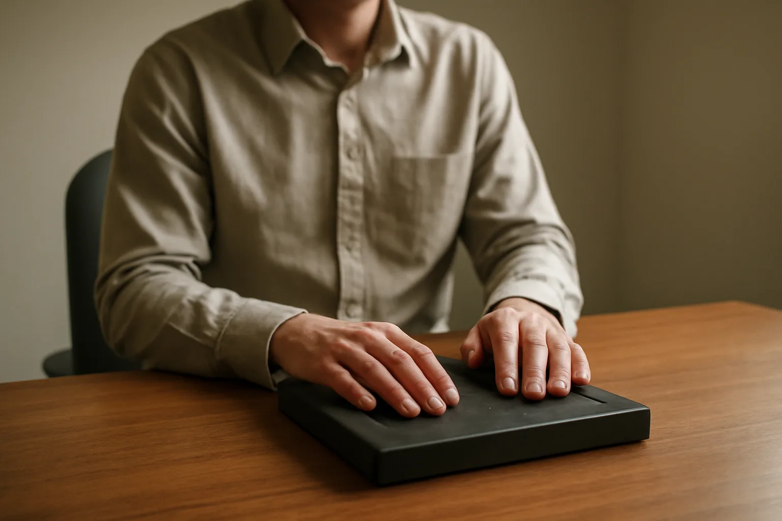 Person using a live-scan platen in a quiet Delaware office