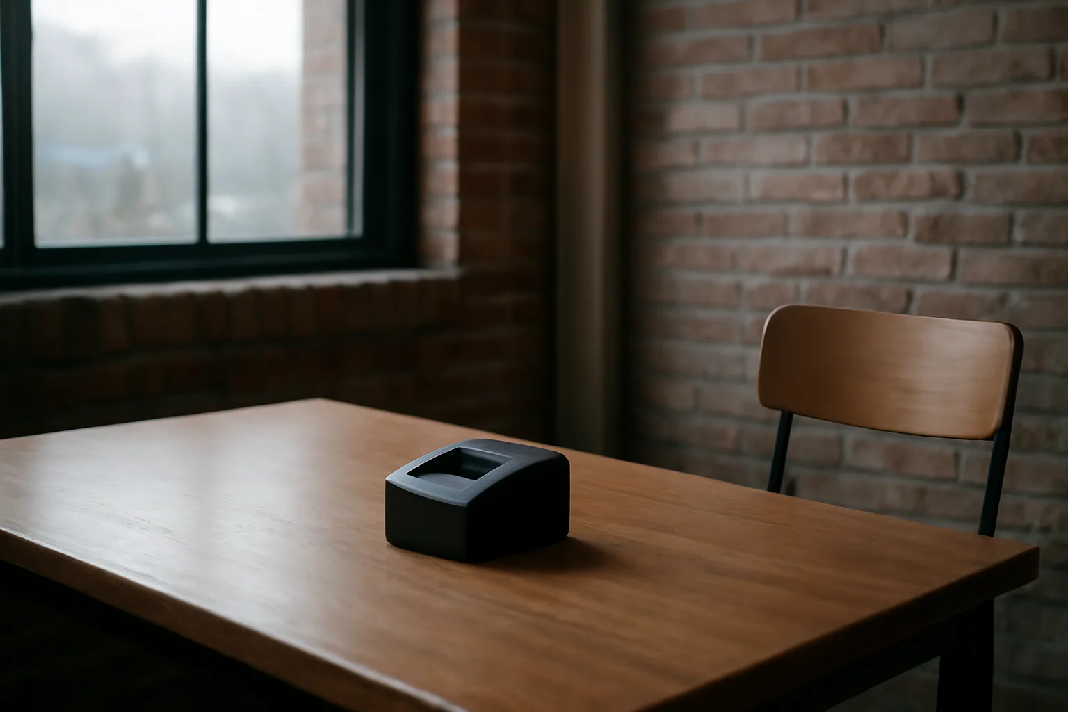 Unplugged live-scan platen on a wooden table in an Iowa office