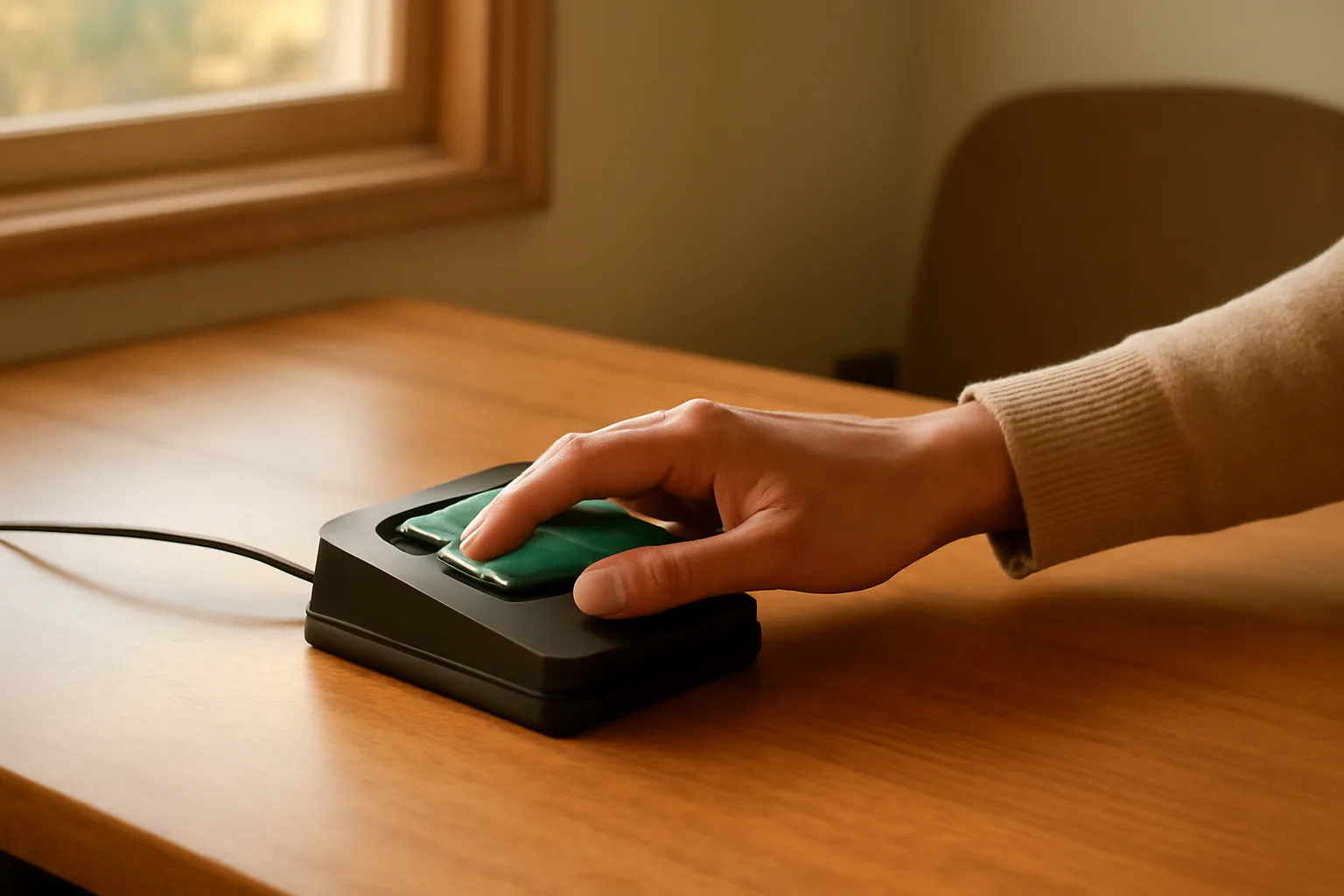 A certified fingerprint scanner on a desk with a hand being scanned in a Utah office