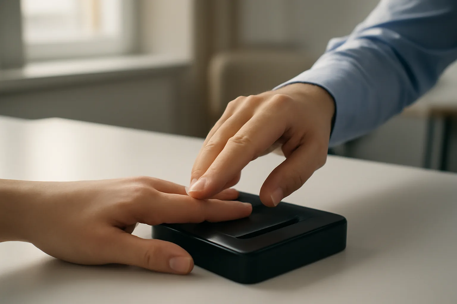 technician pressing a subject's finger onto a live-scan fingerprint platen in Virginia