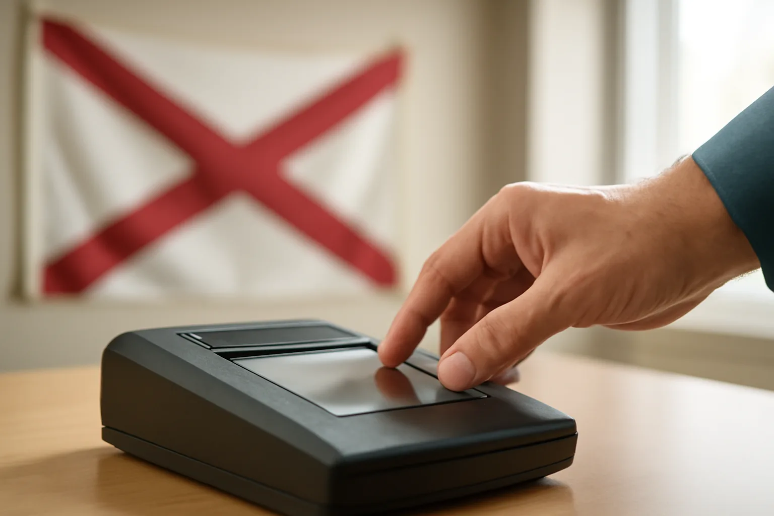 Alabama live-scan technician renewing certification at a fingerprint station