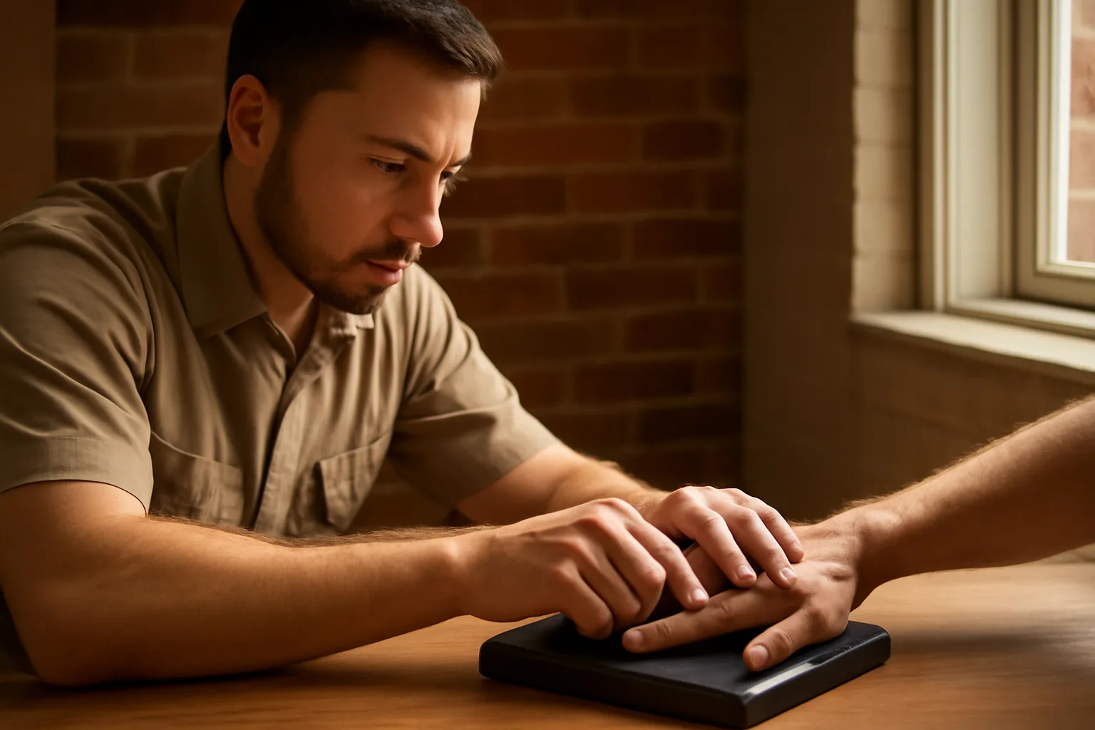Technician guiding a hand onto a live-scan platen in Illinois