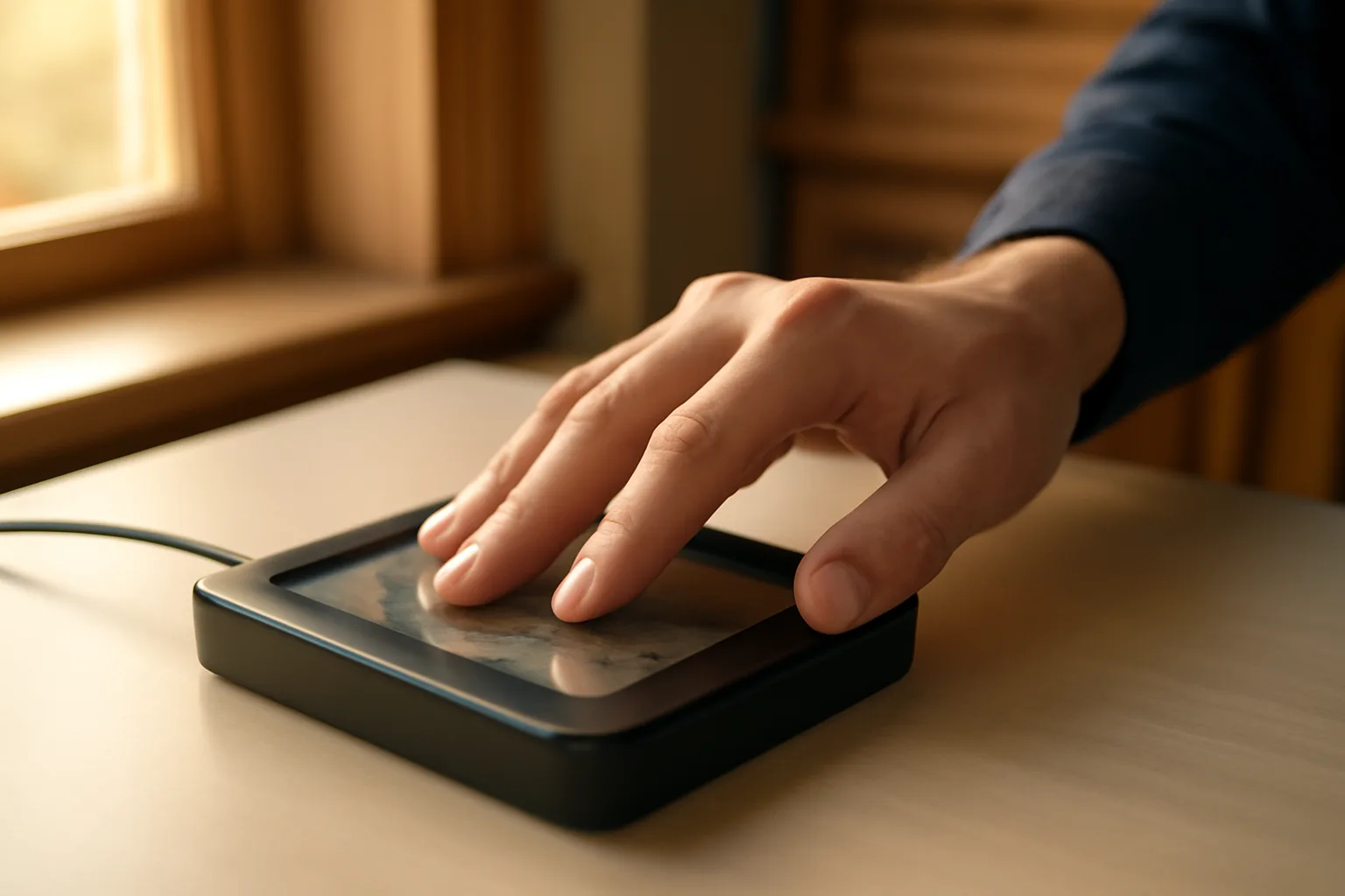 Technician pressing fingertips onto a live-scan fingerprint reader in a Vermont office